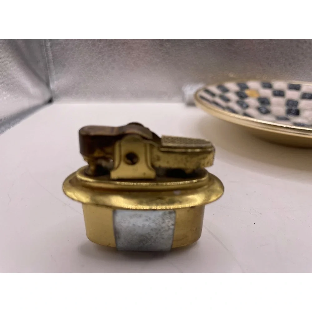 Vtg Mid Century Penguin Japan Mosaic Lighter and Ashtray Set Black‎ White Gold